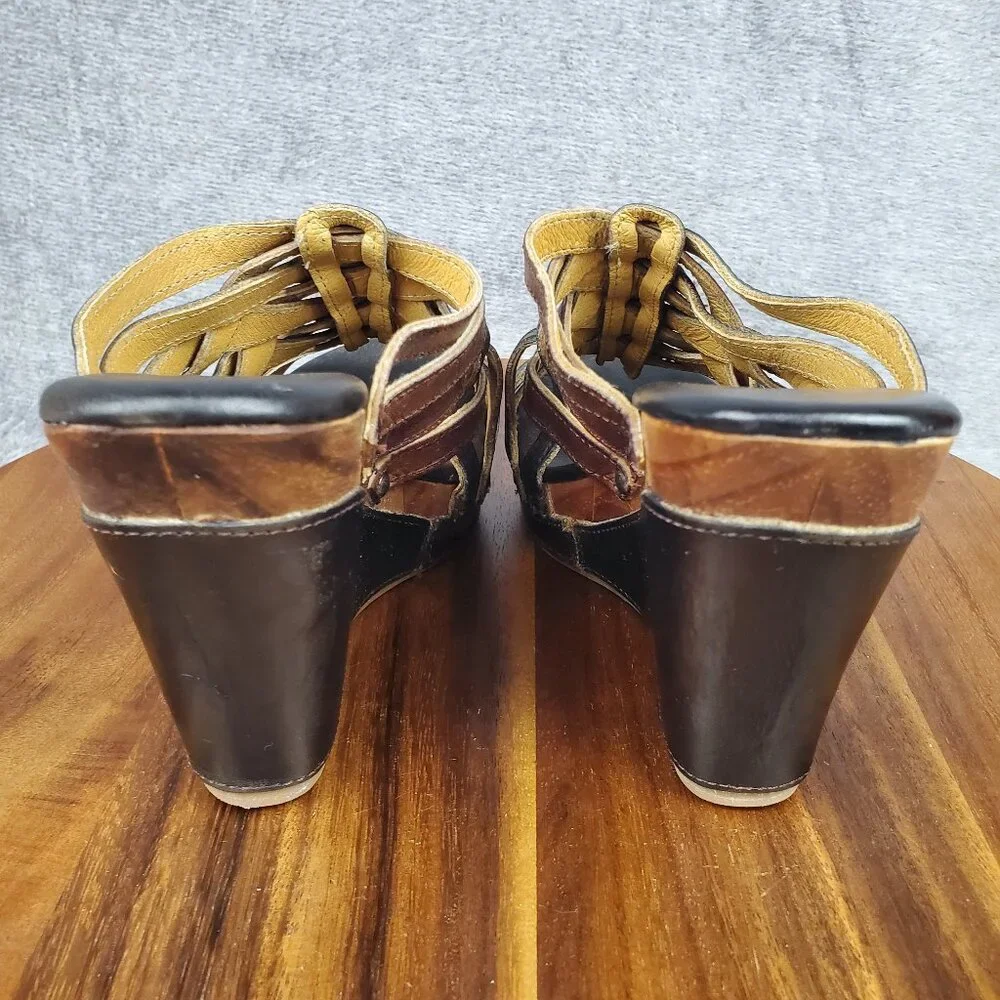 Bed Stu Sandals Women's 7 Brown Black Leather Gina Wedge Straps Slip On Platform - Picture 4 of 11